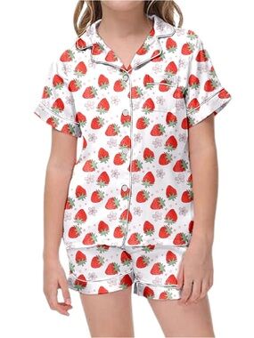 Girls Strawberry-Print Short Silk Pajama Set